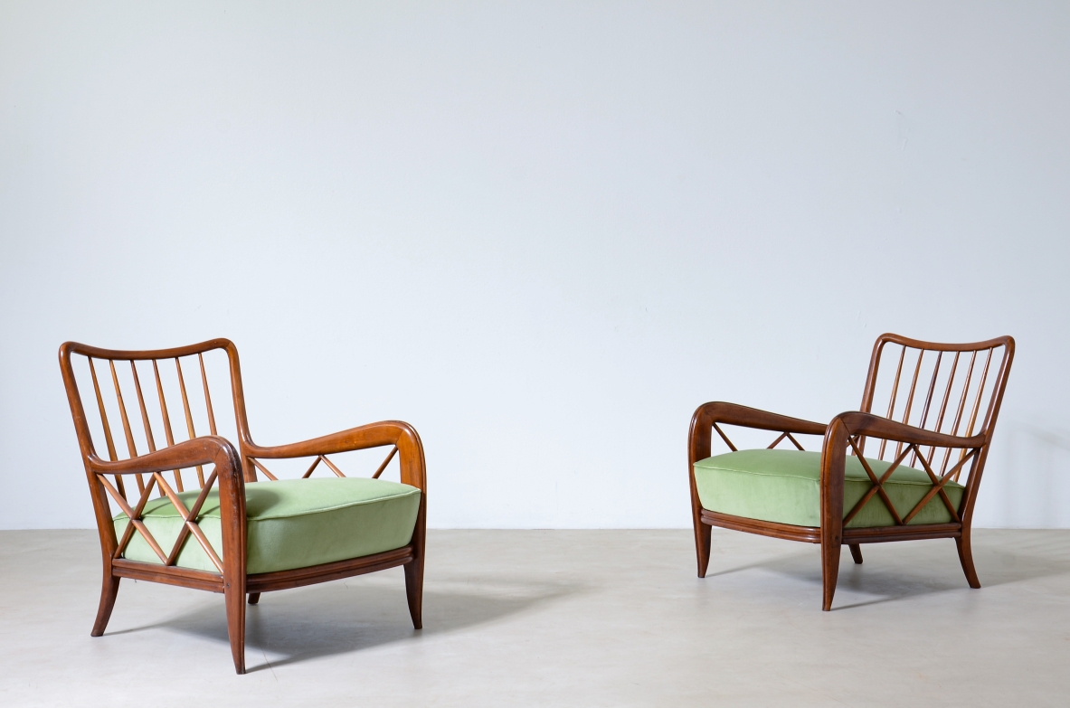 Paolo Buffa, pair of cherry wood armchairs, 1935ca.
