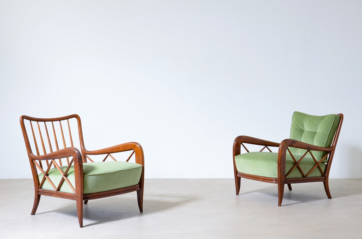 Paolo Buffa, pair of cherry wood armchairs, 1935ca.