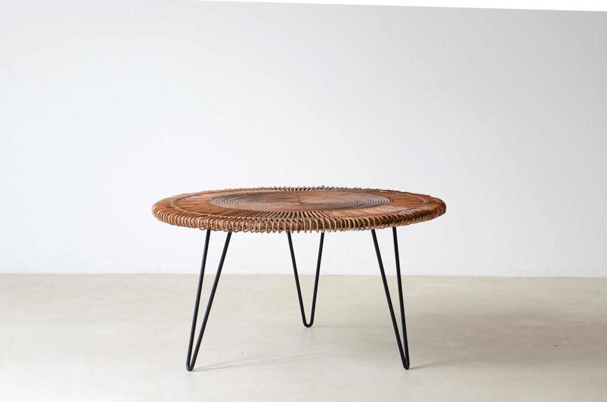 large coffee table with beautiful woven rush workmanship  Italian manufacture, 1950.