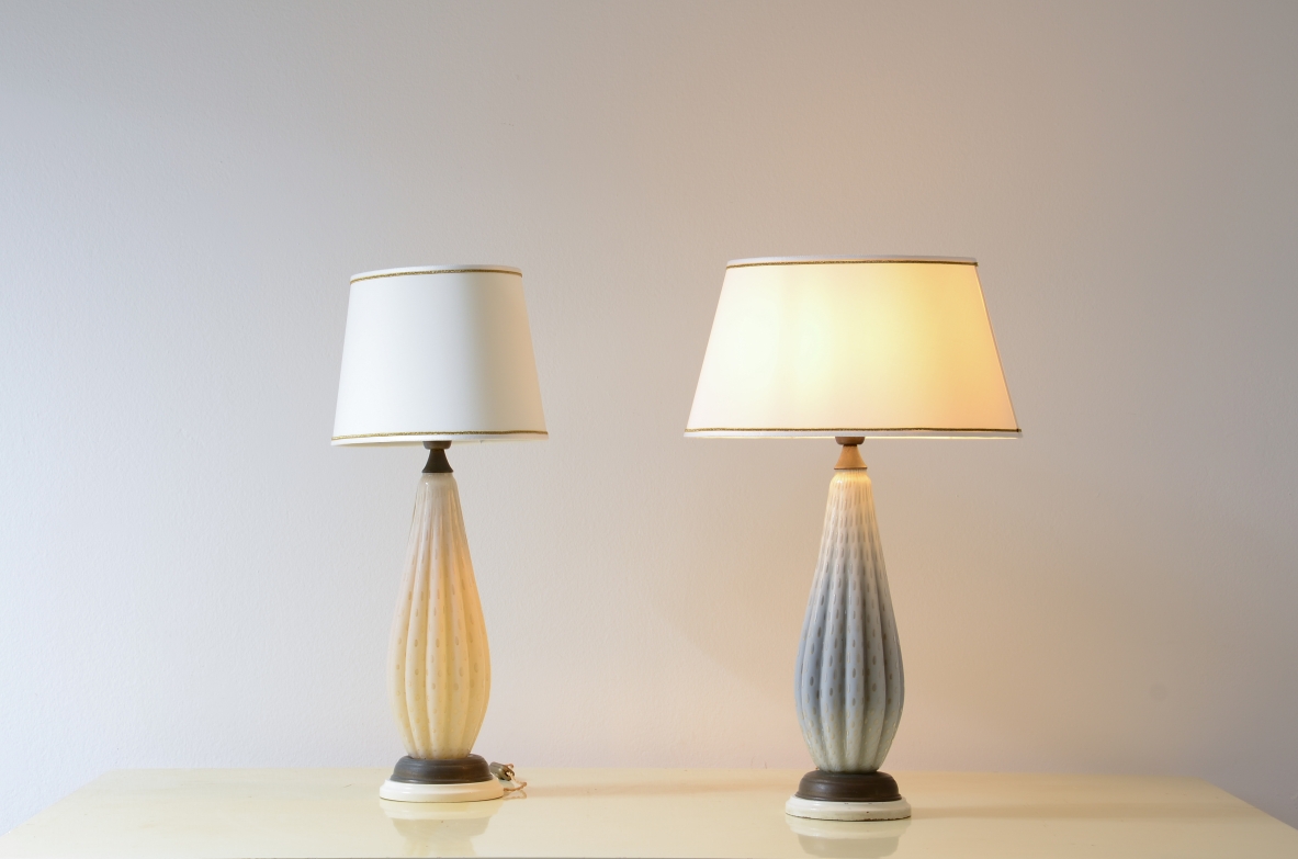 Elegant pair of Murano glass table lamps with an organic shape and ogival hat.  Murano manufacture 1950's