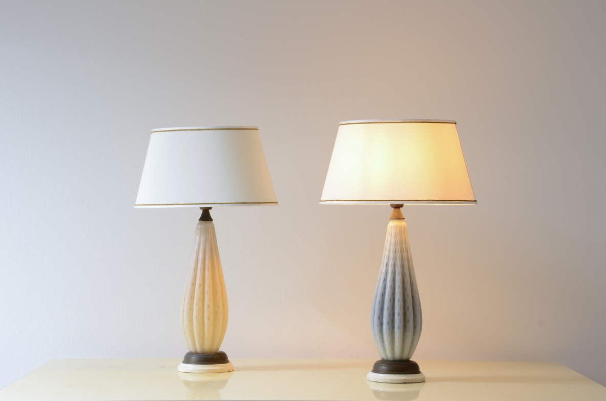 Elegant pair of Murano glass table lamps with an organic shape and ogival hat.  Murano manufacture 1950's