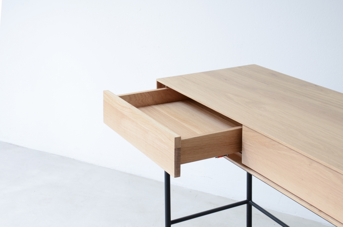 Console desk table in light walnut with lacquered iron leg.  Contemporary manufacturing