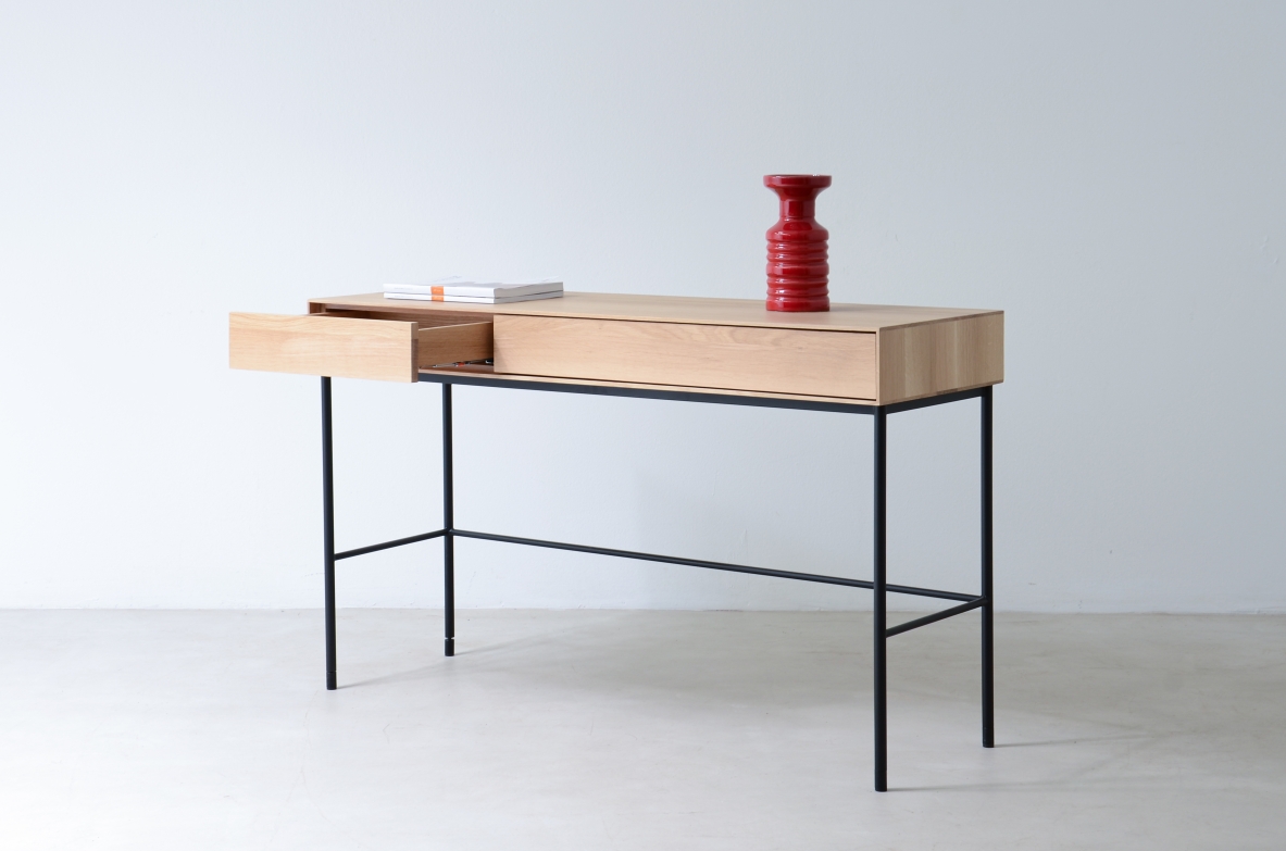 Console desk table in light walnut with lacquered iron leg.  Contemporary manufacturing