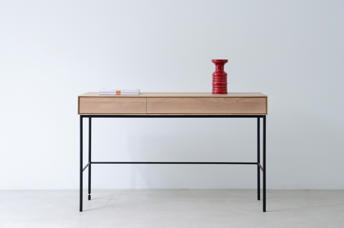 Console desk table in light walnut with lacquered iron leg.  Contemporary manufacturing