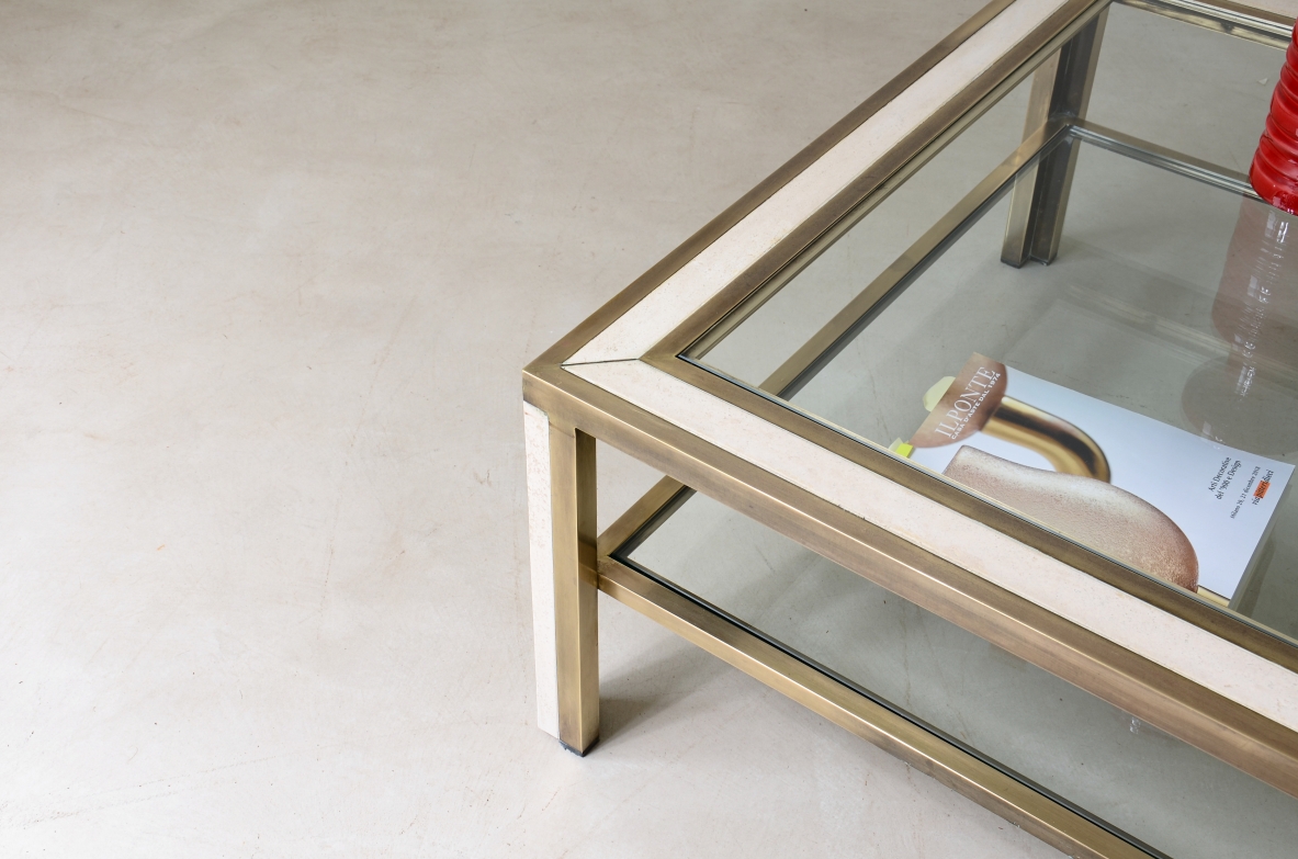 Romeo Rega  Large low brass table with travertine applications