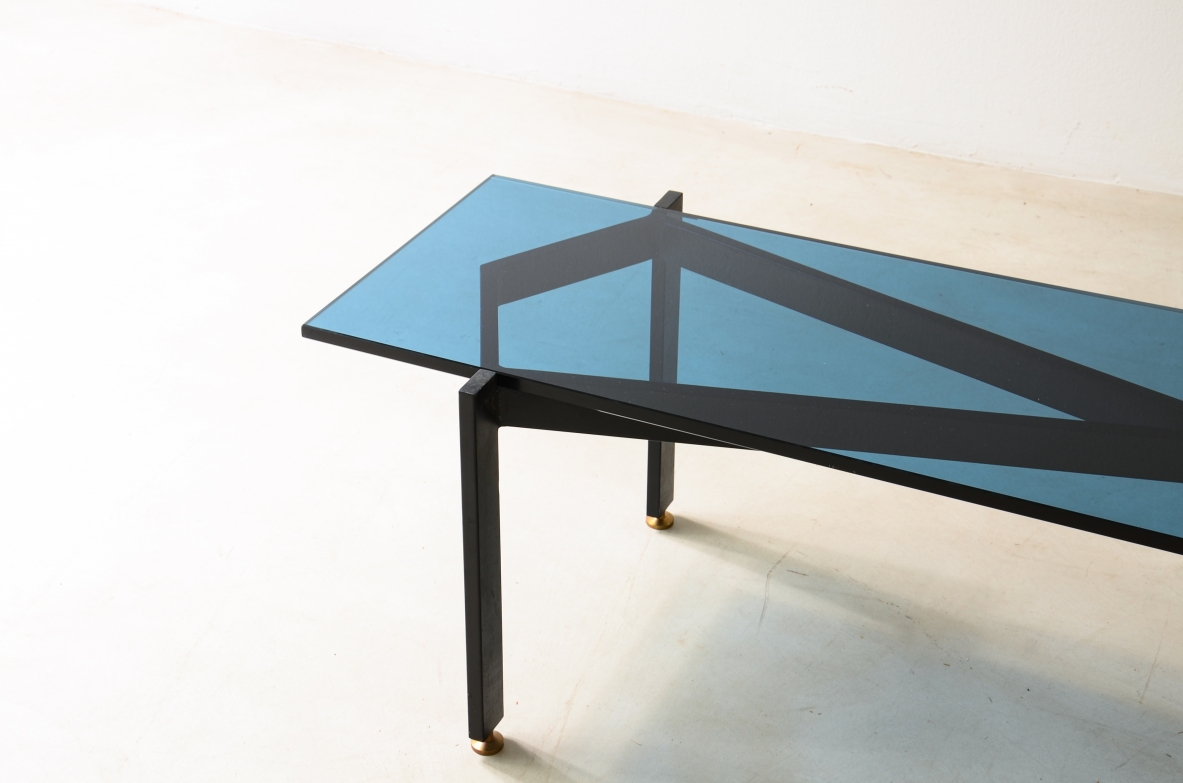 Fontana Arte Milan  Very refined coffee table with metal structure and thick blue cut glass top.
