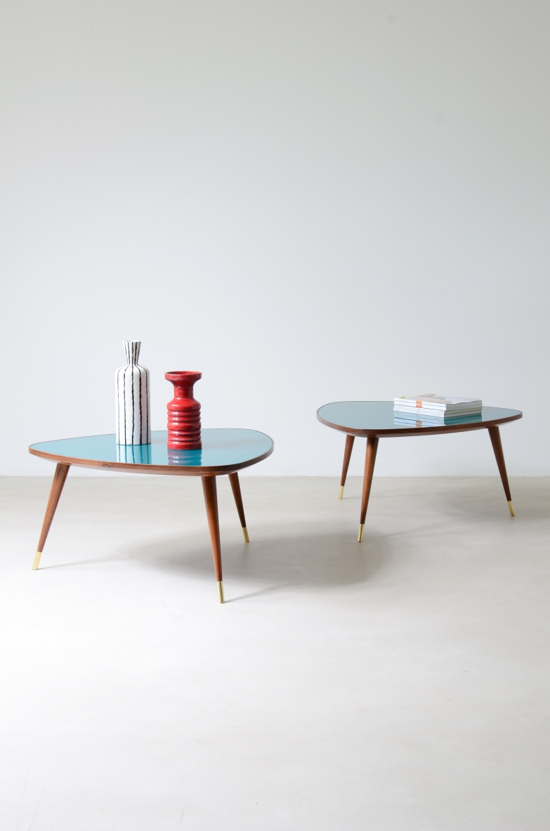 Osvaldo Borsani  Pair of coffee tables with cut glass top