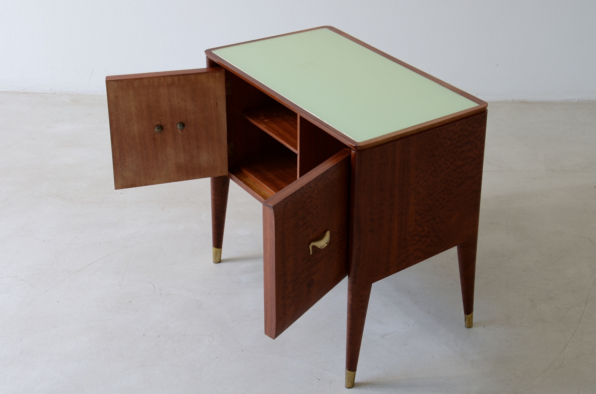 Pair of bedside tables with tapered legs, brass tips and handles 1950's