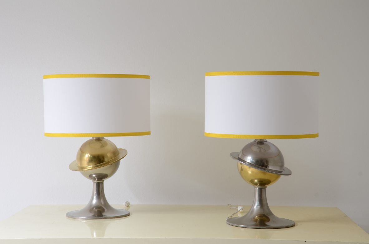 Pair of large Space Age table lamps with two-tone chromed brass base
