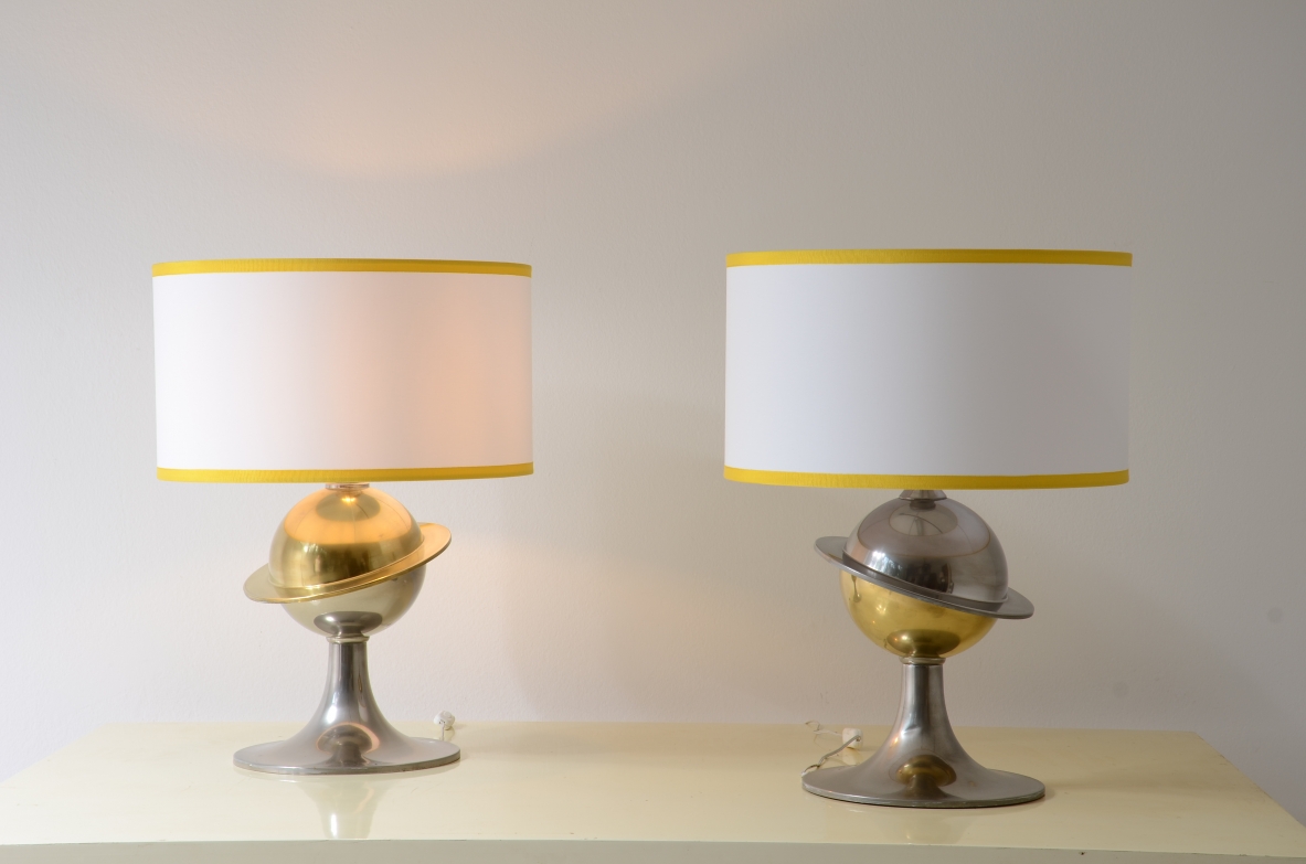 Pair of large Space Age table lamps with two-tone chromed brass base
