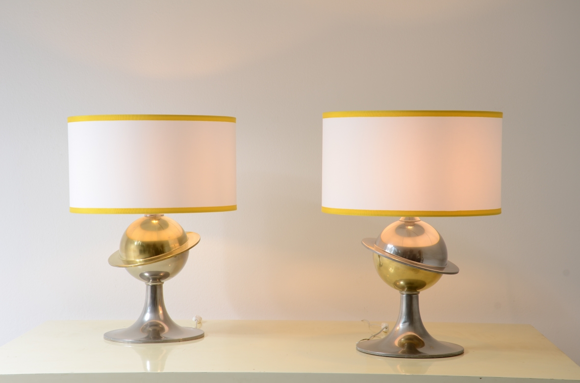 Pair of large Space Age table lamps with two-tone chromed brass base
