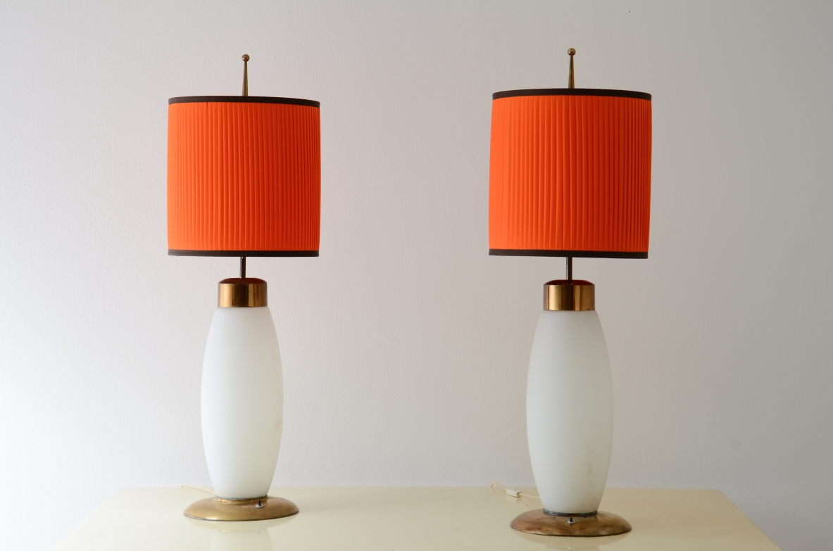 Stilnovo  Unique pair of large table lamps in opaline lighted glass,