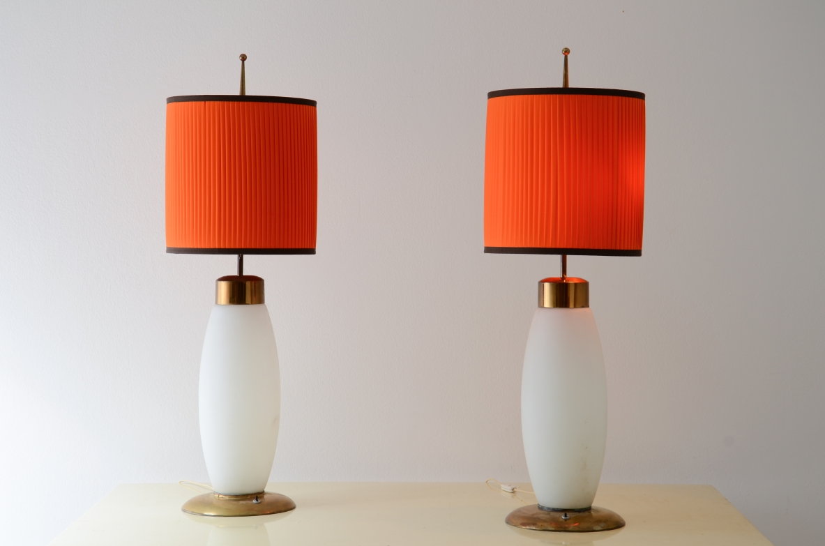 Stilnovo  Unique pair of large table lamps in opaline lighted glass,