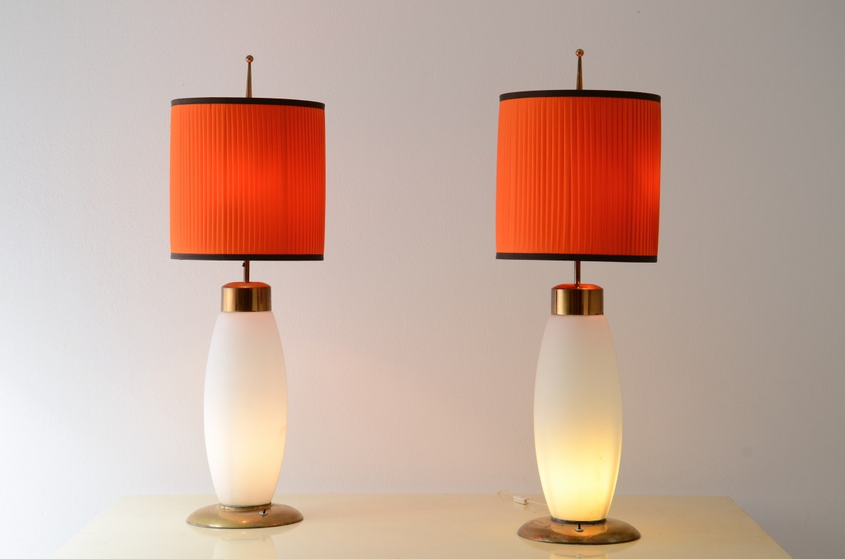 Stilnovo  Unique pair of large table lamps in opaline lighted glass,