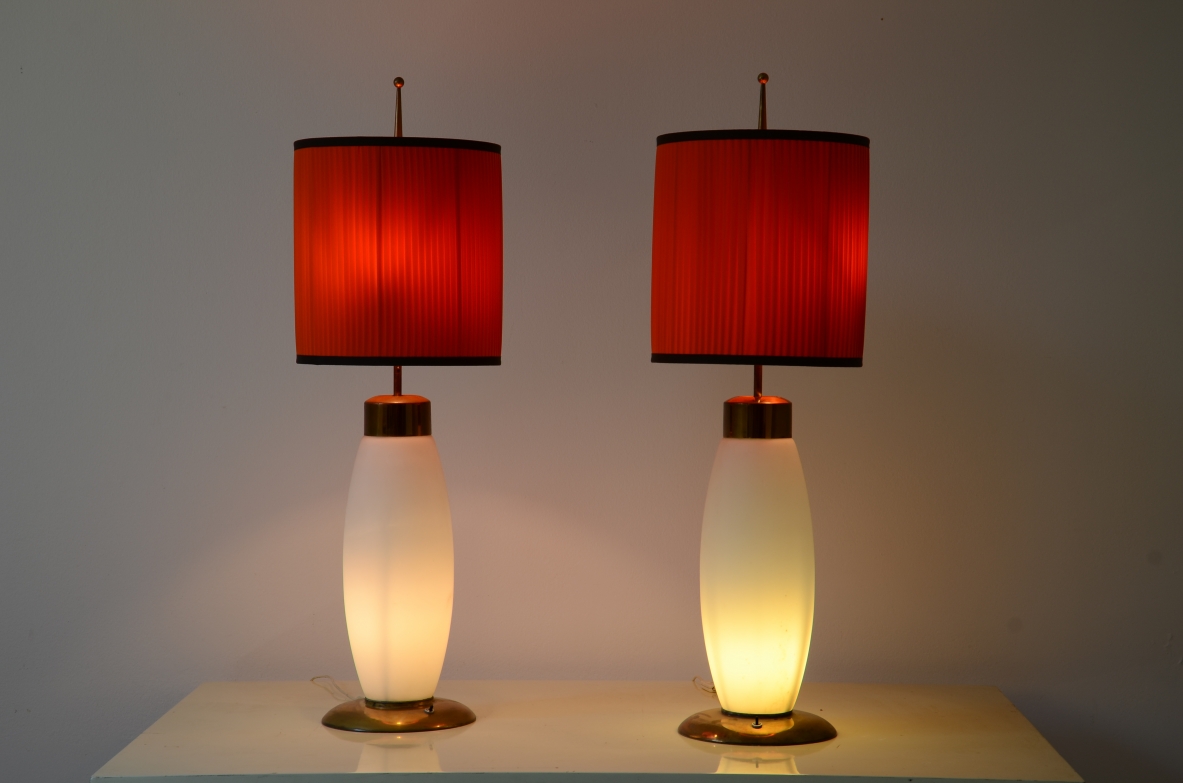 Stilnovo  Unique pair of large table lamps in opaline lighted glass,