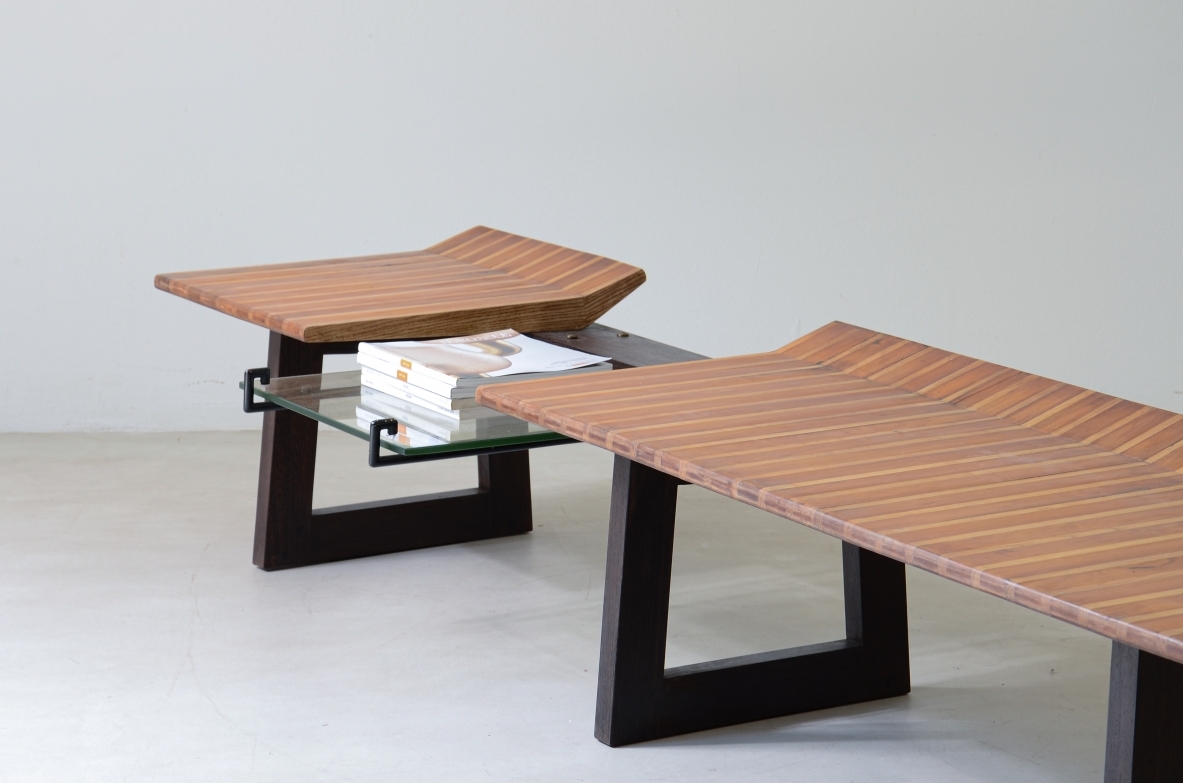 Martin Eisler Large bench with polychrome wood seat and cut glass top 1950