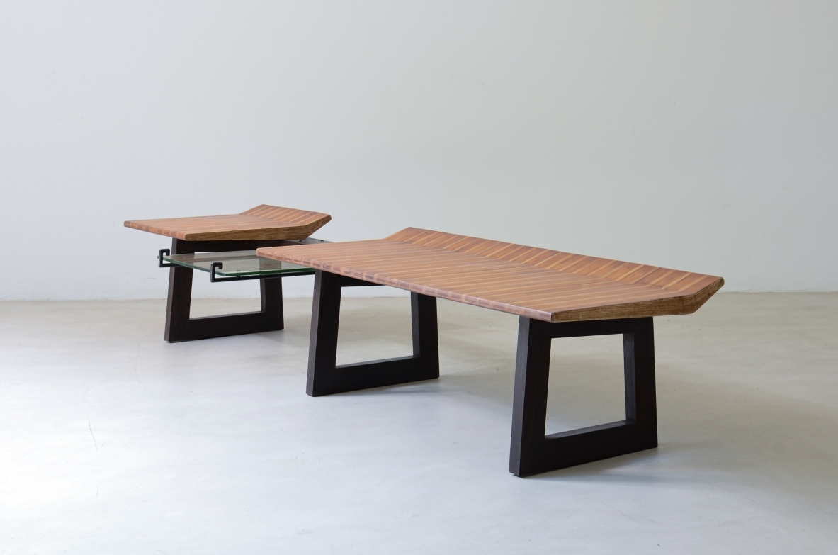 Martin Eisler Large bench with polychrome wood seat and cut glass top 1950