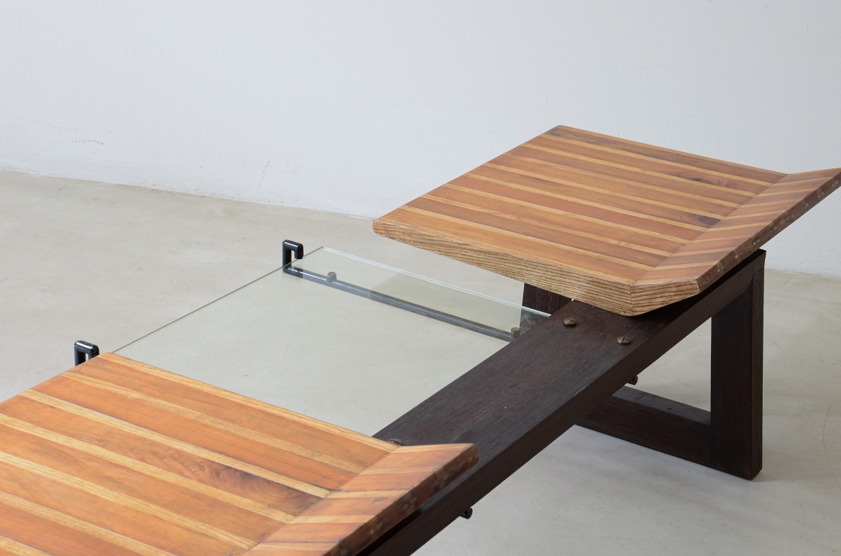 Martin Eisler Large bench with polychrome wood seat and cut glass top 1950