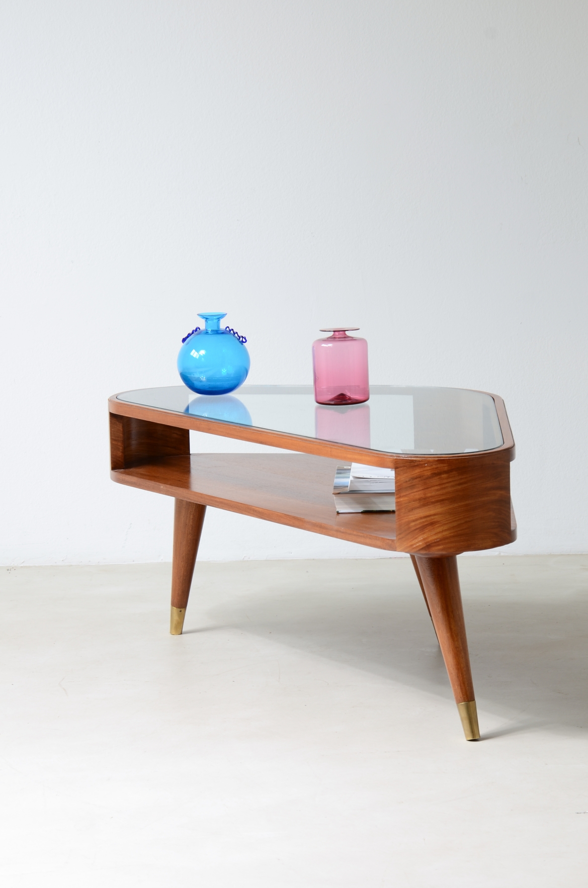 Giuseppe Scapinelli Triangular coffee table with double support base, glass top