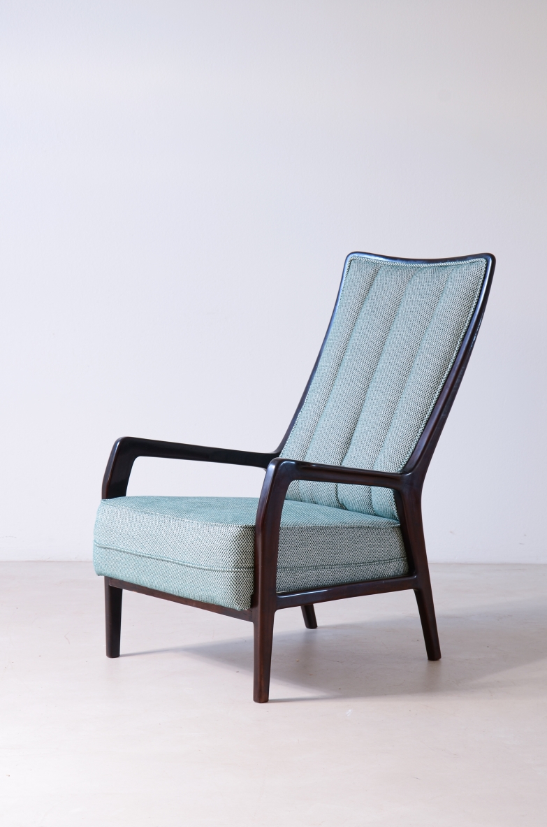 Borsani Varedo  Reading chair with high backrest, wood and padded fabric.