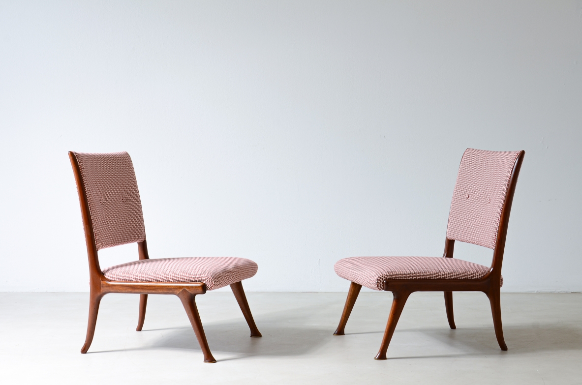 Pair of refined cherry armchairs with seat and backrest in padded fabric.  Italian manufacture ca. 1950.