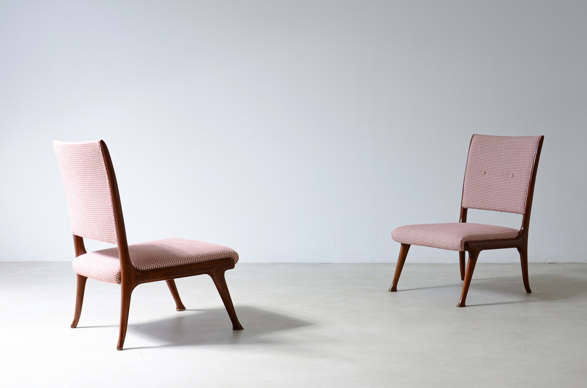 Pair of refined cherry armchairs with seat and backrest in padded fabric.  Italian manufacture ca. 1950.