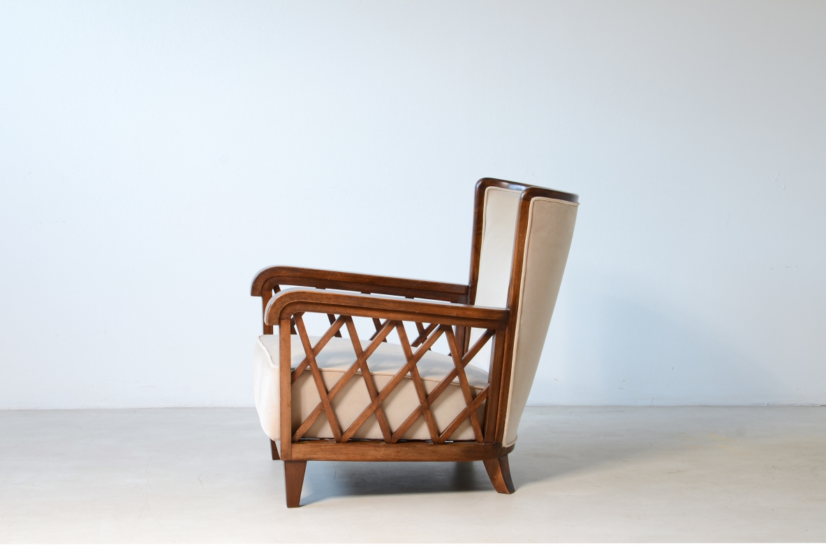 Maurizio Tempestini  Pair of armchairs in shaped wood and padded fabric.  Italian manufacture, Florence 1955ca.