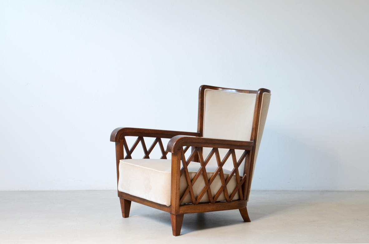 Maurizio Tempestini  Pair of armchairs in shaped wood and padded fabric.  Italian manufacture, Florence 1955ca.