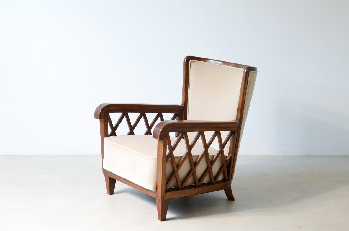 Maurizio Tempestini  Pair of armchairs in shaped wood and padded fabric.  Italian manufacture, Florence 1955ca.