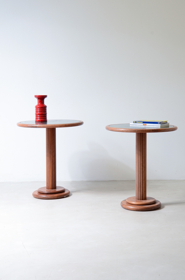 Pair of side tables with turned wooden column and green Alpi marble top.1940