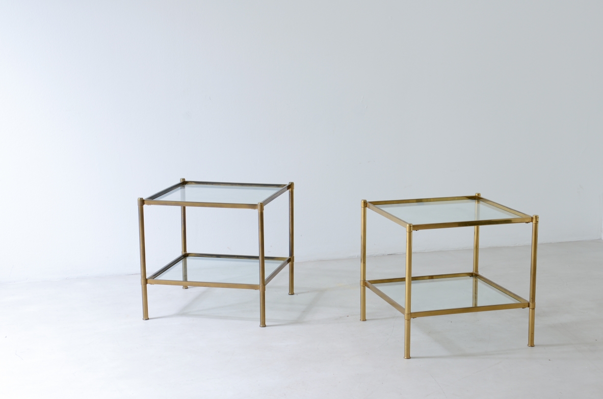 Pair of brass coffee tables with cut crystal tops.  Azucena Milan, ca. 1960