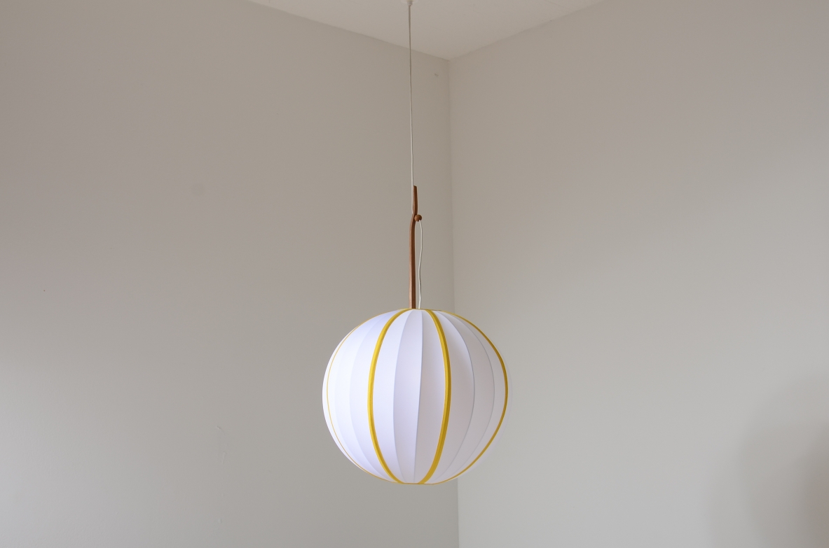 Hans Agne Jacobsson  Large chandelier in striped fabric and shaped teak rod. Manufacture Sweden ca. 1960's