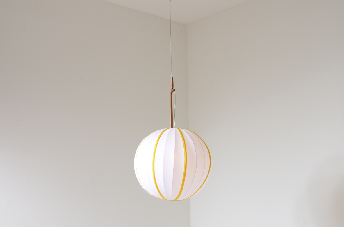 Hans Agne Jacobsson  Large chandelier in striped fabric and shaped teak rod. Manufacture Sweden ca. 1960's