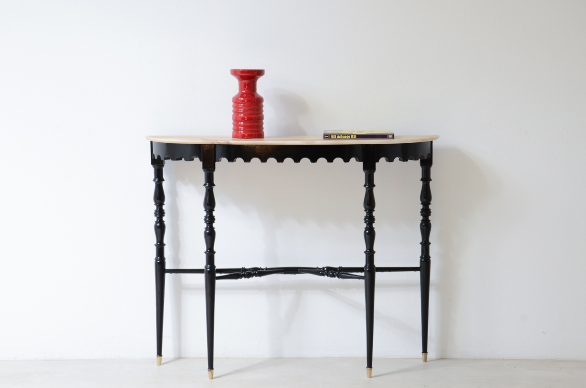 Refined console in shaped and turned wood,Italian 1940s manufacture.
