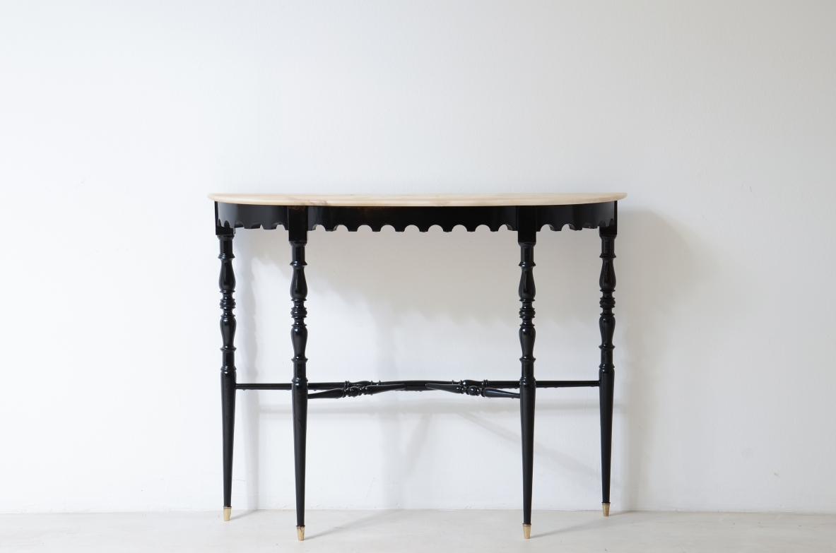Refined console in shaped and turned wood,Italian 1940s manufacture.