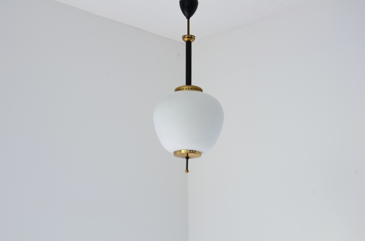 Ceiling lamp with metal and brass structure and large opaline glass diffuser. Stilnovo production, Milan, approx. 1950.