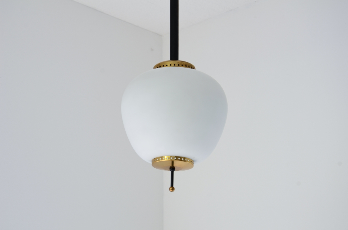 Ceiling lamp with metal and brass structure and large opaline glass diffuser. Stilnovo production, Milan, approx. 1950.