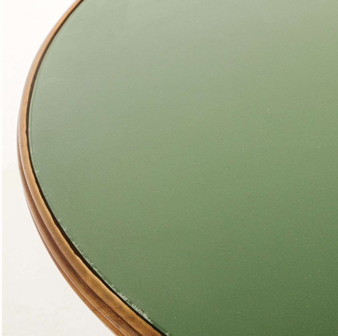 Elegant walnut table with sabre legs, striped band and cut glass top.  Italian manufacture from the 1940s.