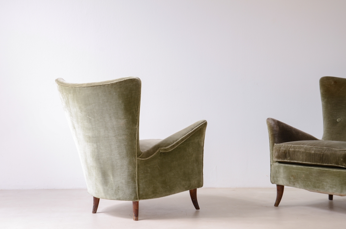 Pair of armchairs in the style of Gio Ponti covered in velvet.  Italian manufacture 1950ca.