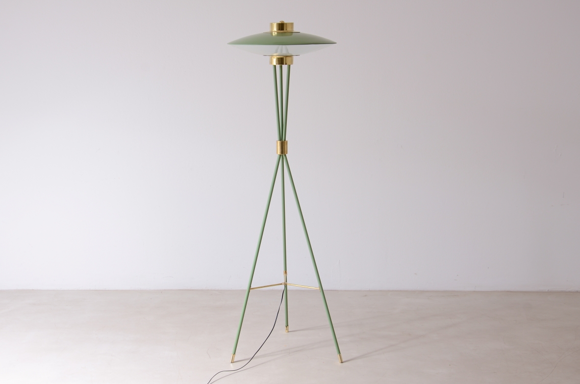 Stilnovo Milan  Rare floor lamp in light green lacquered metal, 1950.
