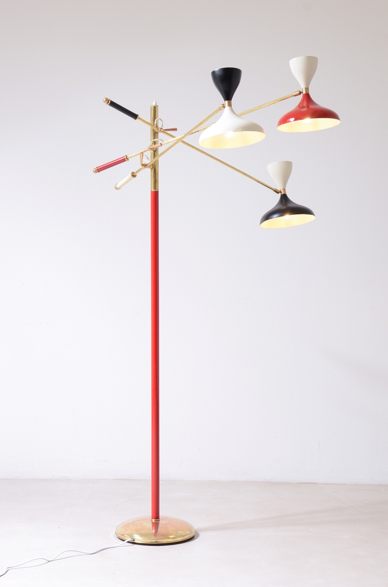 Stilnovo Milano  Rara lampada con stelo in ottone colorato e tre bracci anni 50