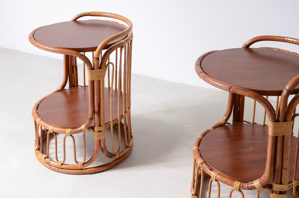 Pair of rattan nightstands with two wooden shelves.Italian manufacture 1960's