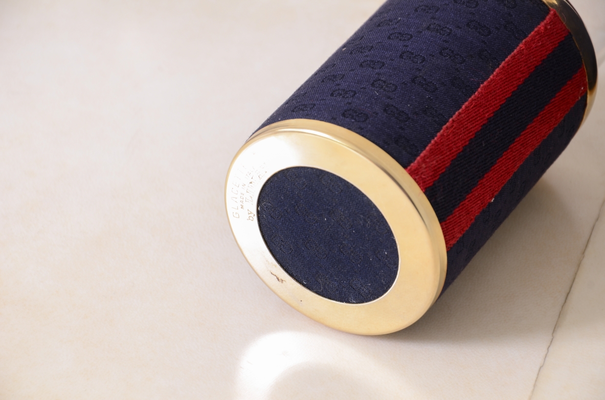 Complete bar set, ice bucket, a glacette and 6 glasses covered in two-tone Gucci fabric fashion house 1970's