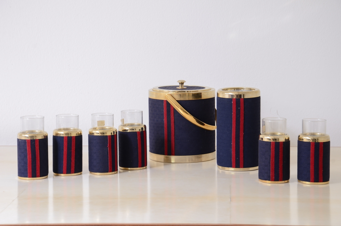 Complete bar set, ice bucket, a glacette and 6 glasses covered in two-tone Gucci fabric fashion house 1970's