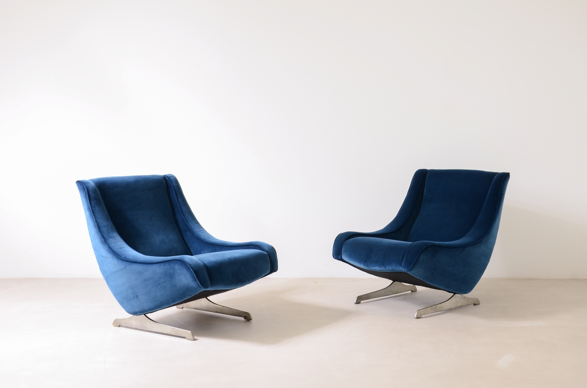 Pair of upholstered velvet armchairs with polished metal feet.  Italian manufacture 1970ca.