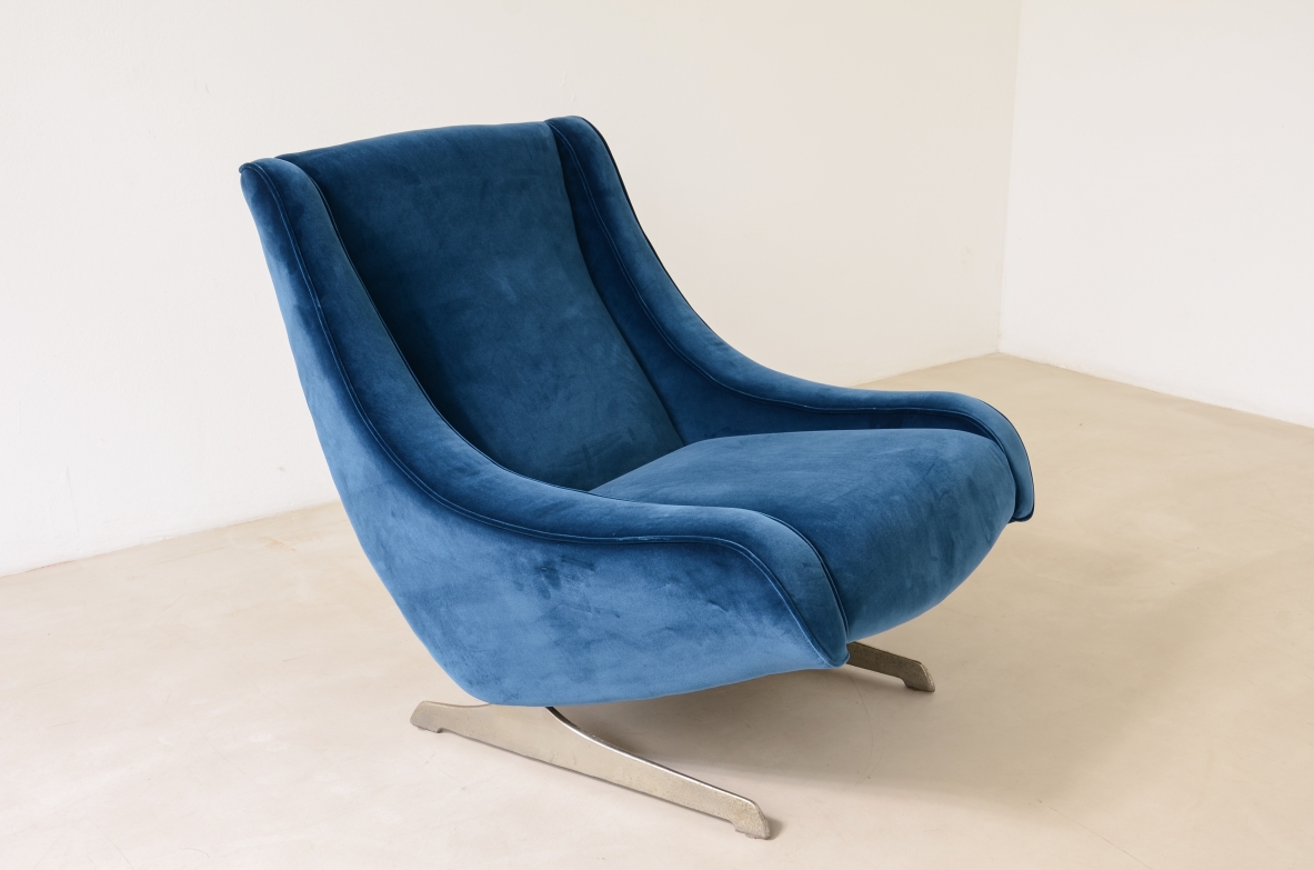 Pair of upholstered velvet armchairs with polished metal feet.  Italian manufacture 1970ca.