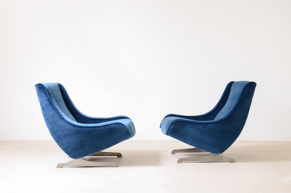 Pair of upholstered velvet armchairs with polished metal feet.  Italian manufacture 1970ca.