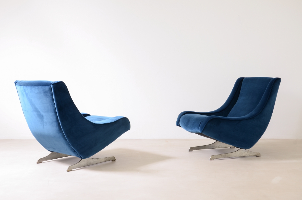 Pair of upholstered velvet armchairs with polished metal feet.  Italian manufacture 1970ca.