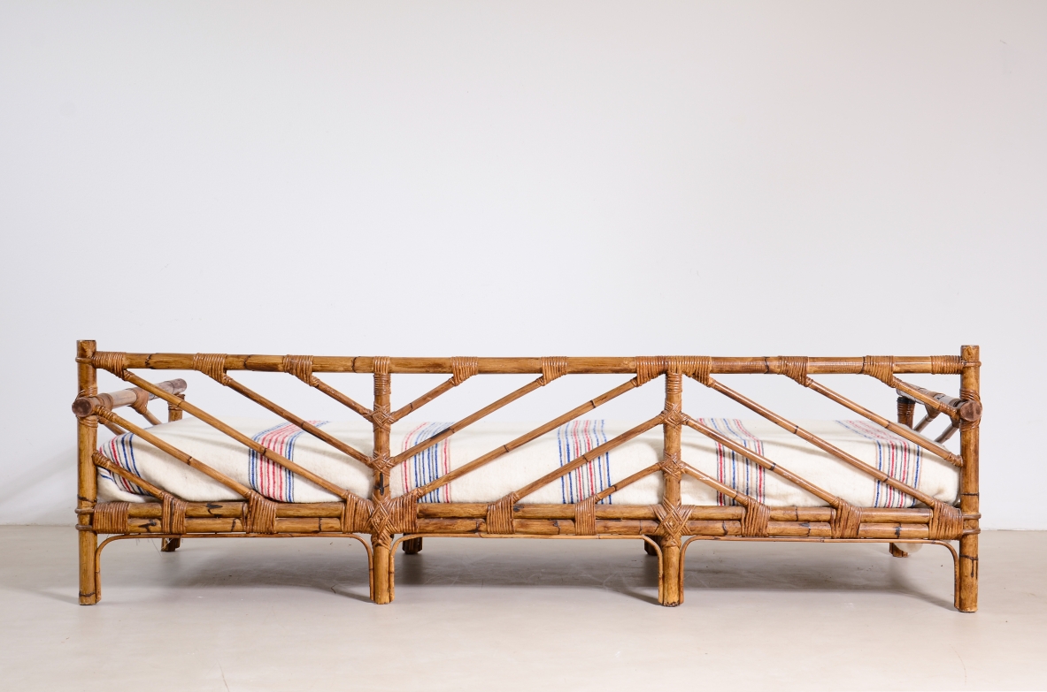 Sofa/bed in rattan and woven rush.  Manifactured by Vivai del Sud, Italy, ca.1960.