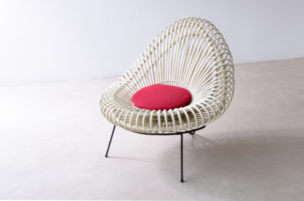Janine Abraham & Dirk Jan Rol, pair of armchairs in lacquered rattan with metal supports. Prod. Edition Rougier, Holland, 1950ca.